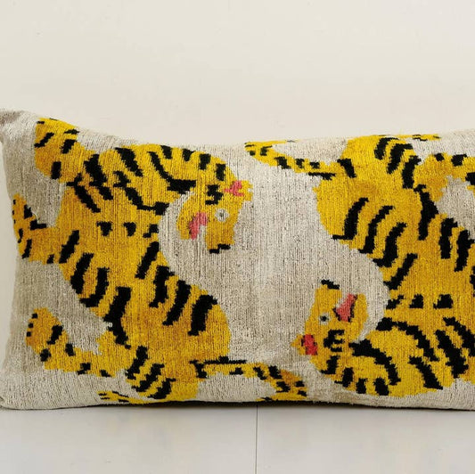 Tiger Silk Ikat Velvet Pillow, White | 16" x 24"
