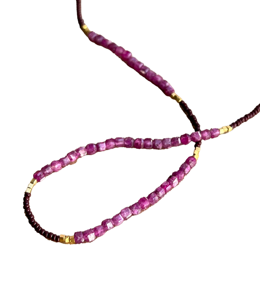 DEBBIE FISHER | Brown Seed, Gold Vermeil and Ruby Beads with Gold Fill Clasp Necklace