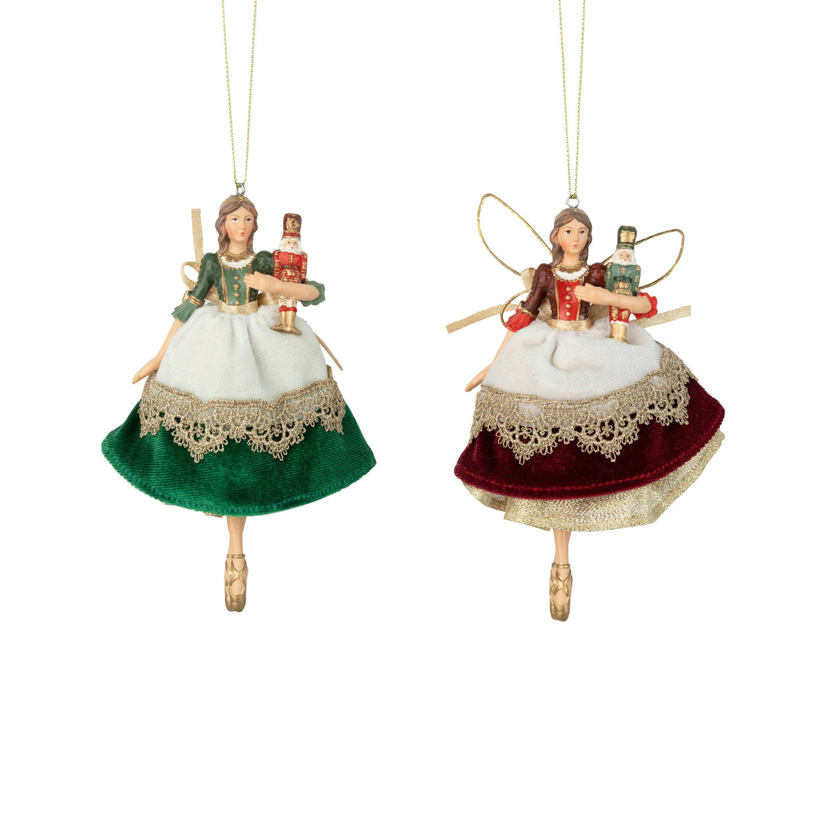 G79625:2 Asst'd resin Clara orn,rd/grn velvet dress 7.5in