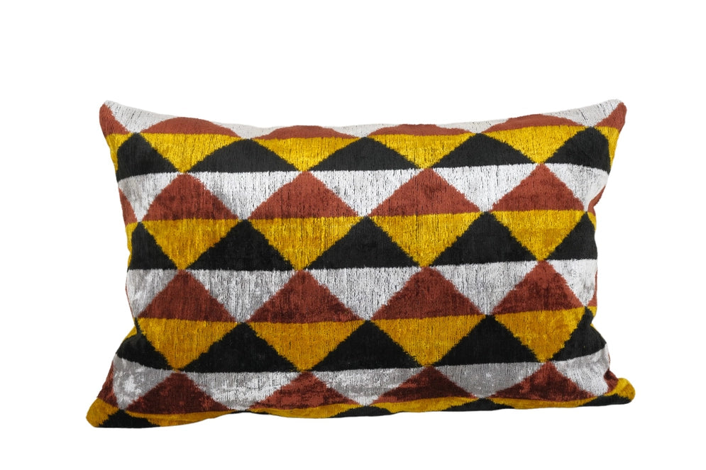 Colorful Ikat Velvet Lumbar Silk Cushion | 16" x 24"
