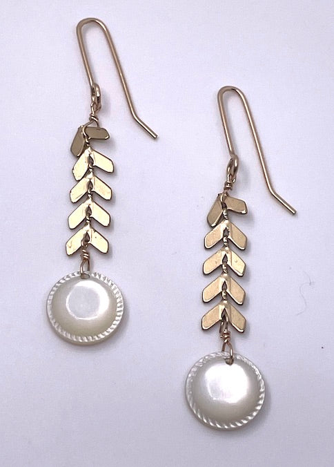 White Discs with Gold Vermeil Fishbone Earrings