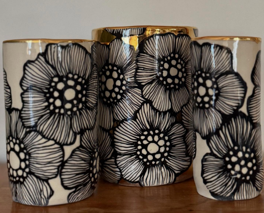 HSIEH CLAY | Ceramic Floral Cylinder Short & Wide Vase 22K Gold Accents