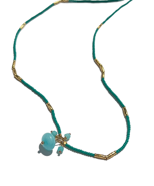 DEBBIE FISHER | Jade Glass Seed Beads, Gold Vermeil and Amazonite Bead Necklace