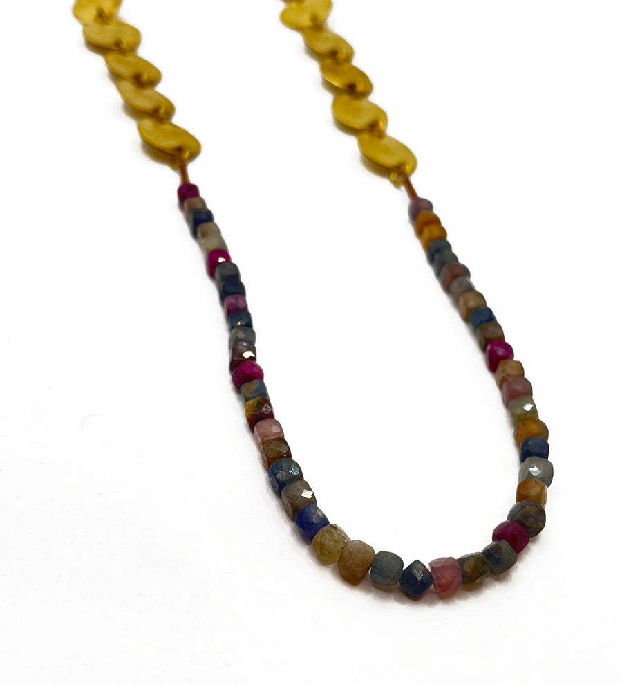 Handmade Brass Chain Necklace w Sapphire Beads