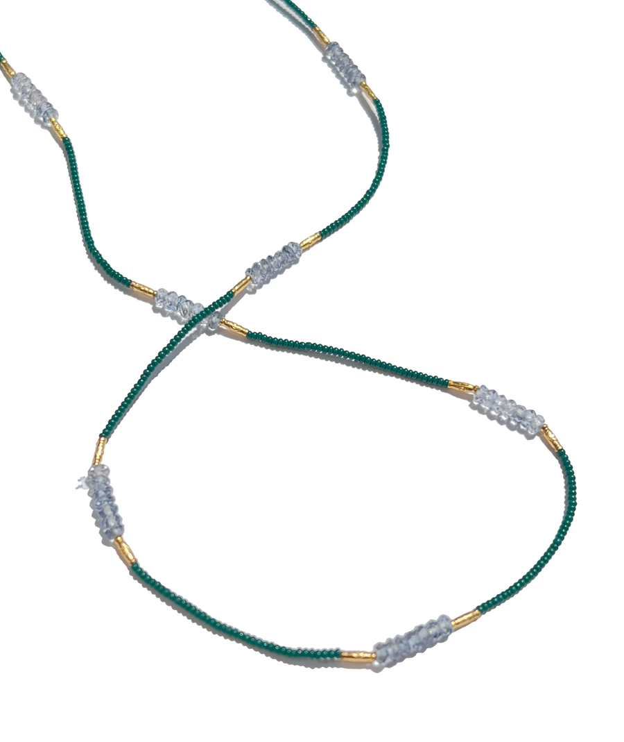 Debbie Fisher | Green Seed Beads with Gold Vermeil and Amethyst Beaded Necklace