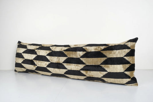 Bronze and Black Silk Ikat Velvet Pillow | 16" x 51"
