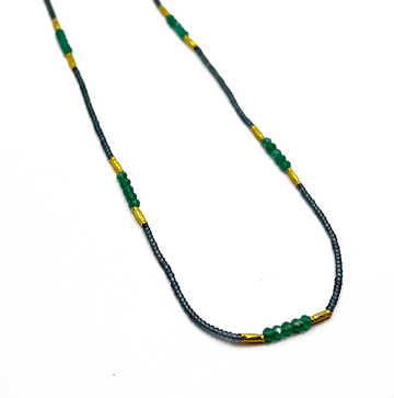 Grey Seed with Green Onyx and Gold Vermeil Beads with Gold Fill Clasp Necklace