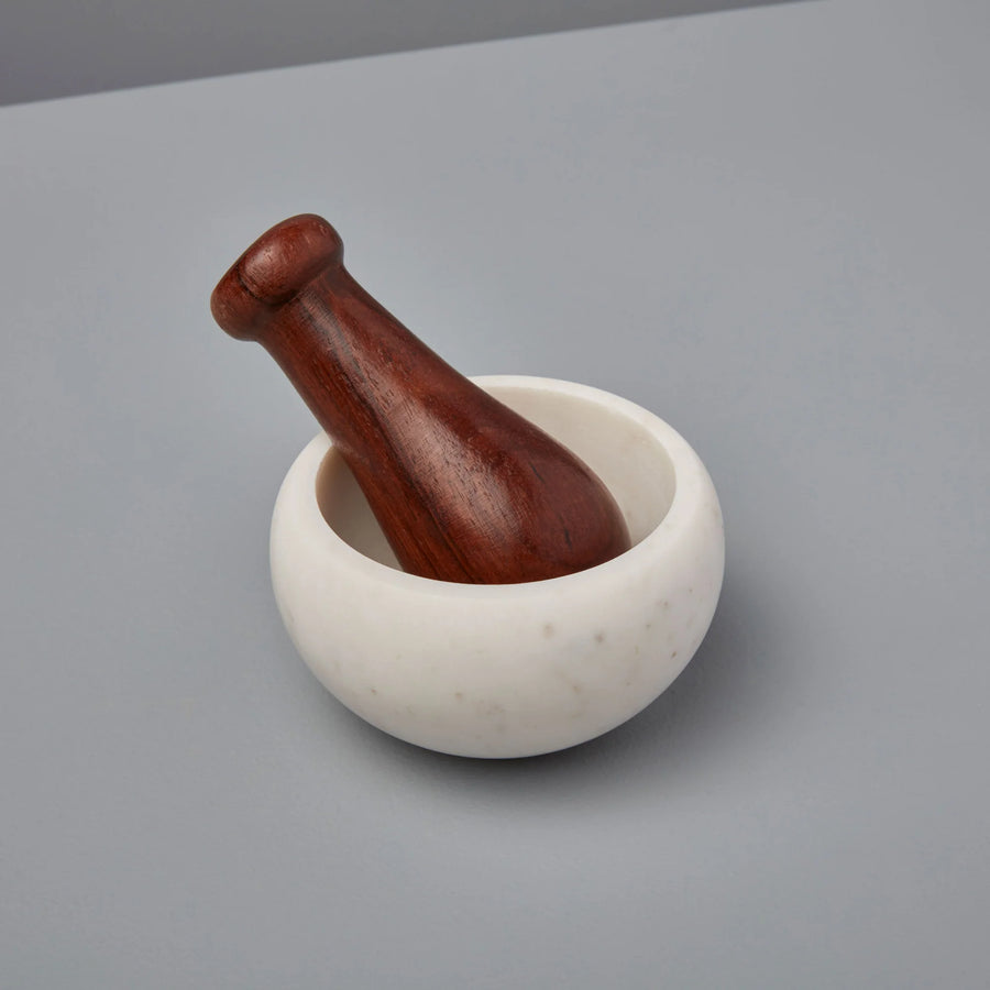 White Marble and Wood Mortar & Pestle
