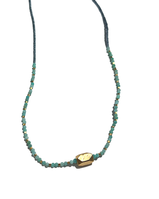 DEBBIE FISHER | Grey Seed, Gold Vermeil and Amazonite Beads w/ Gold Fill Clasp Necklace