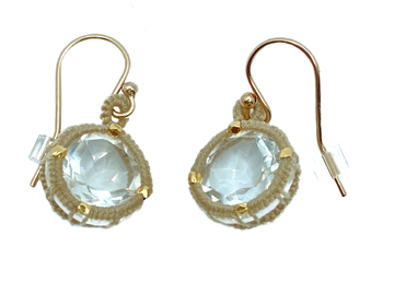 Danielle Welmond | Caged Crystal Quartz Earrings w/ Taupe Cord and 14K Gold Vermeil Beads