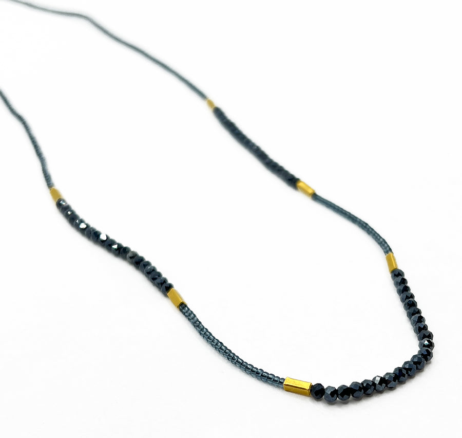 Grey Seed, Gold Vermeil and Black Spinel Beads with Gold Fill Clasp Necklace