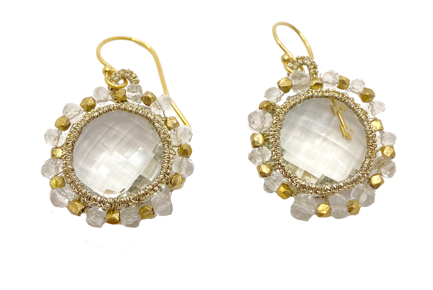 DANIELLE WELMOND | Caged Orbit Green Amethyst Earrings with Gold Cord and 14K Gold Vermeil Beads