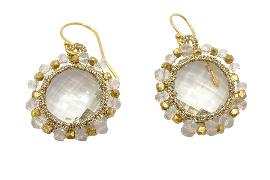 DANIELLE WELMOND | Caged Orbit Green Amethyst Earrings with Gold Cord and 14K Gold Vermeil Beads