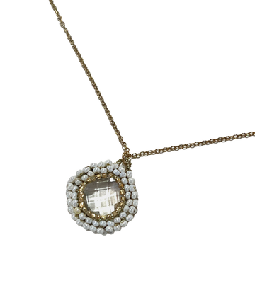 Danielle Welmond | Caged Crystal Quartz Necklace w/ Gold Cord and White Pearl on 14K Gold Vermeil Chain