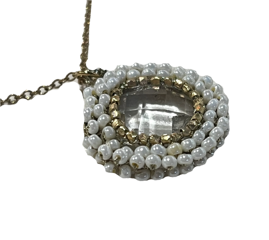 Danielle Welmond | Caged Crystal Quartz Necklace w/ Gold Cord and White Pearl on 14K Gold Vermeil Chain