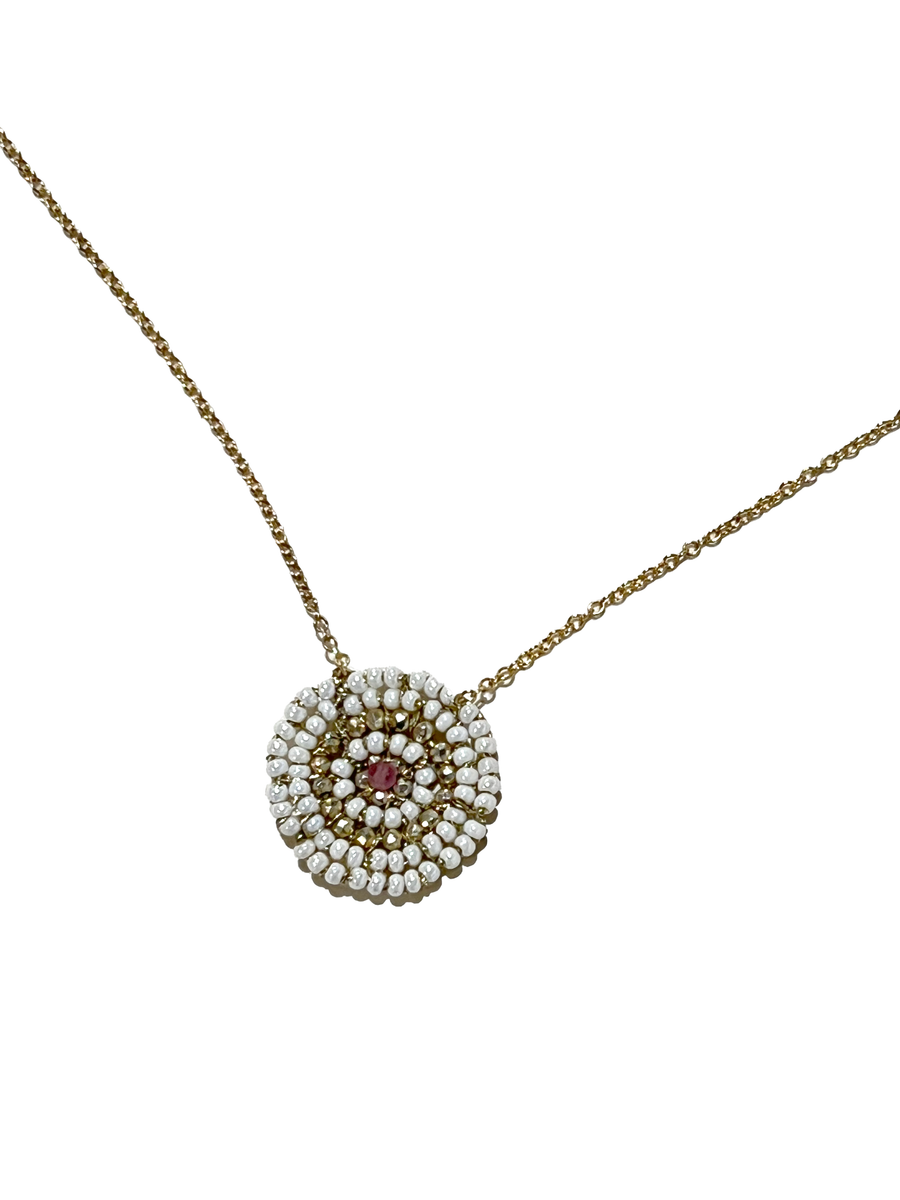 Danielle Welmond | Woven Gold Cord Necklace w/ White Pearls, Gold Pyrite, and Pink Tourmaline  on 14K Gold Vermeil Chain