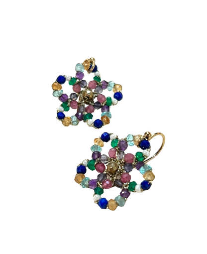 DANIELLE WELMOND | Woven Gold Cord Flower with White Pearl, Chrome, Citrine, Lapis, Apatite, Gold Pyrite and Pink Sapphire Earrings