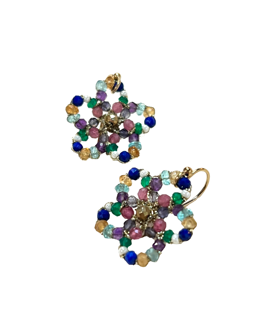 Danielle Welmond | Woven Gold Cord Flower with White Pearl, Chrome, Citrine, Lapis, Apatite, Gold Pyrite and Pink Sapphire Earrings