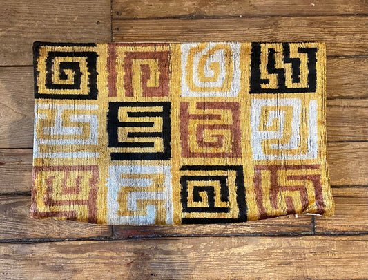 14" X 23" Greek Key Ikat Velvet Pillow, Silk Lumbar Cushion