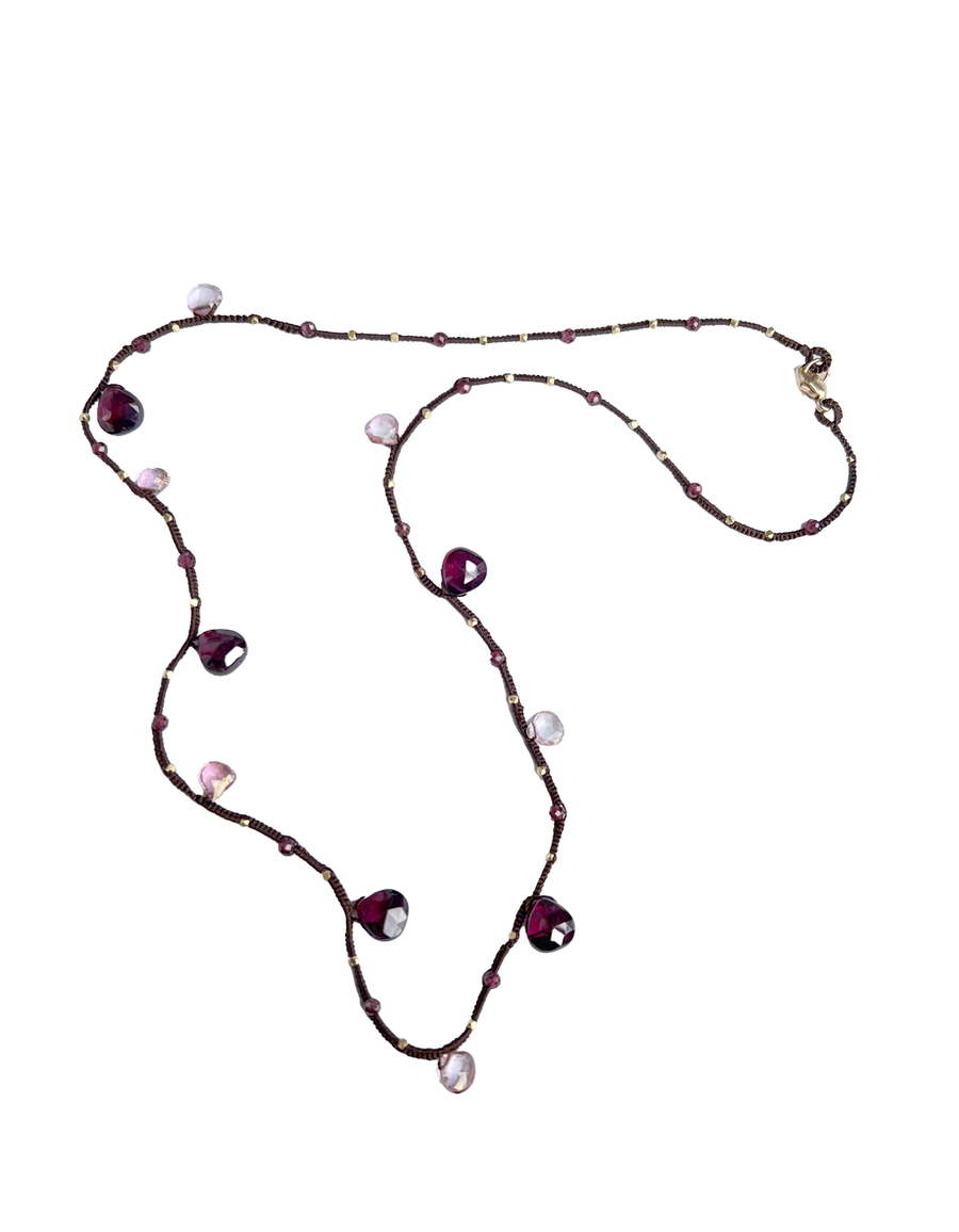 Danielle Welmond |  Woven Brown Silk Cord with Pink Quartz, Vermeil Bead and Garnet beads and drop Necklace