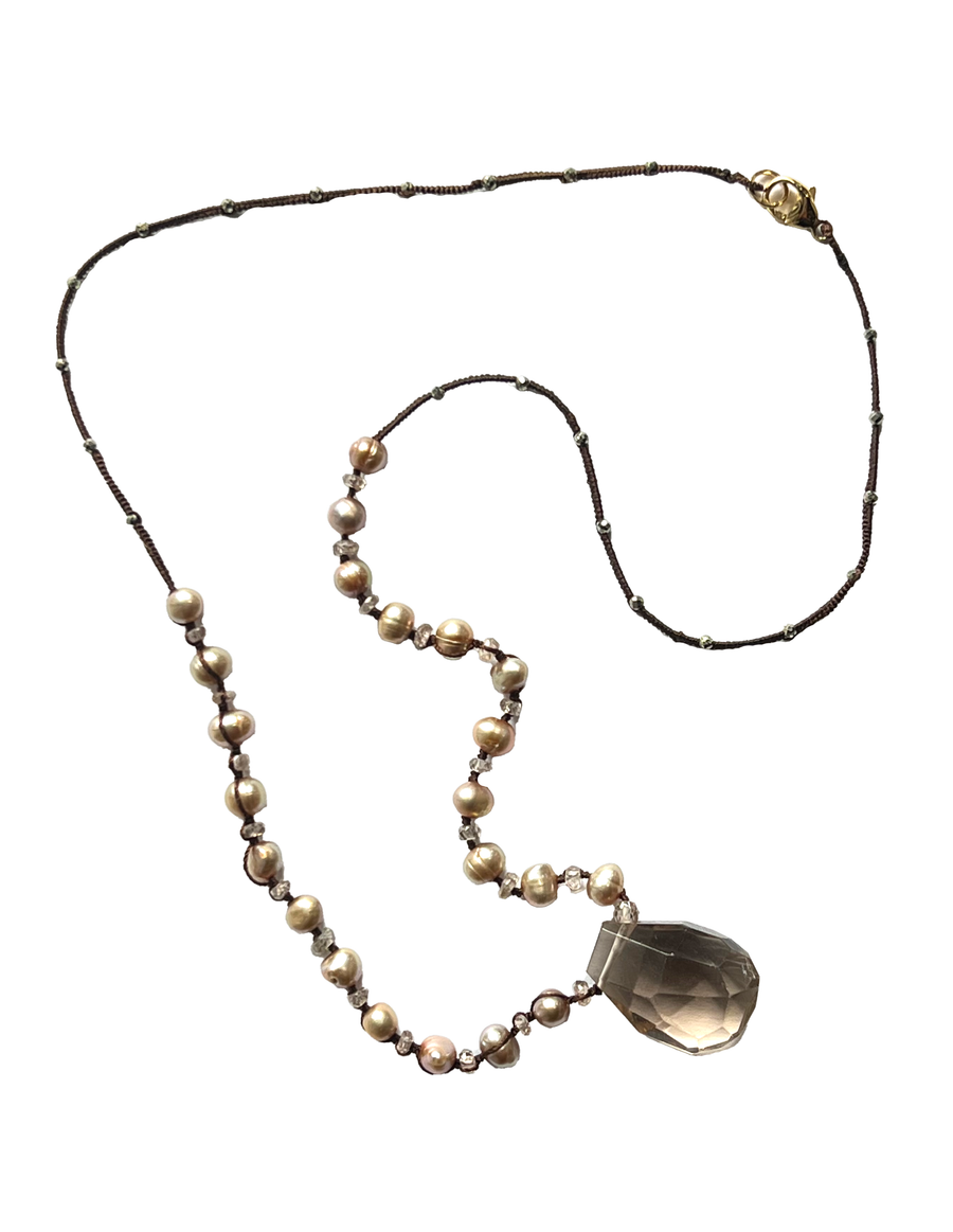 DANIELLE WELMOND | Woven Brown Silk Cord with Taupe Pearls, Pyrite, Brown Zircon and Smokey Quartz Nugget Drop Necklace