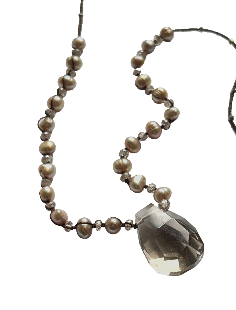 Danielle Welmond |  Woven Brown Silk Cord with Taupe Pearls, Pyrite, Brown Zircon and Smokey Quartz Nugget Drop Necklace