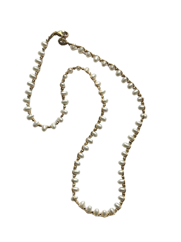 DANIELLE WELMOND |  Woven Taupe Cord with Gold Pyrite and White Pearl Seeds Necklace