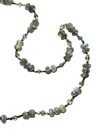 DANIELLE WELMOND |  Woven Brown Silk Cord with Labradorite, Misty Green and 14k Gold Vermeil Beads Necklace