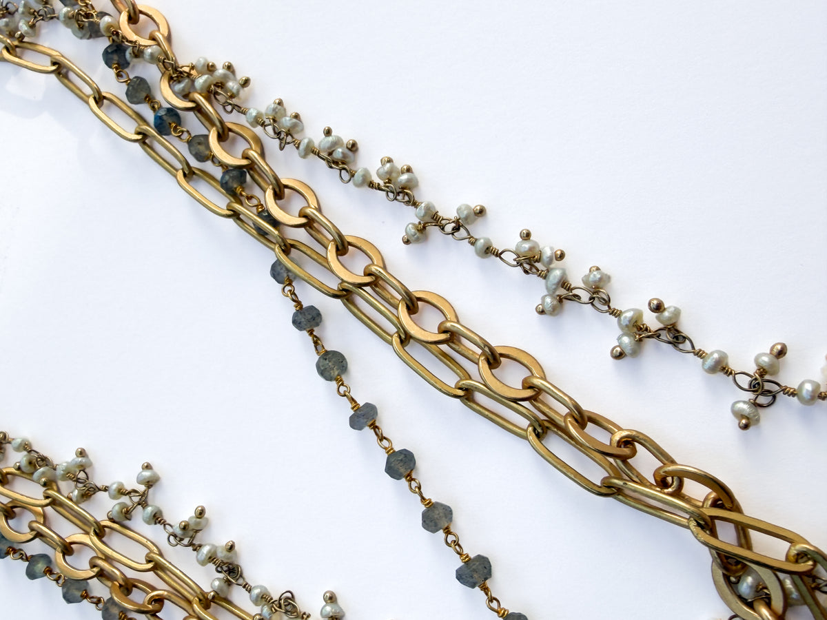 ROBIN HALEY | 14KY Gold Plated 4-Chain Paperclip Necklace, with Labradorite & Pearl, 18" length