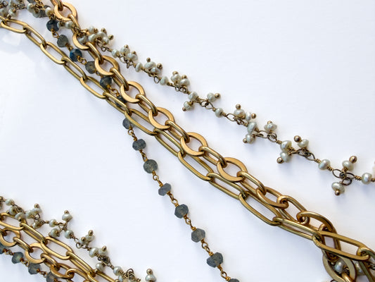 ROBIN HALEY | 14KY Gold Plated 4-Chain Paperclip Necklace, with Labradorite & Pearl, 18" length