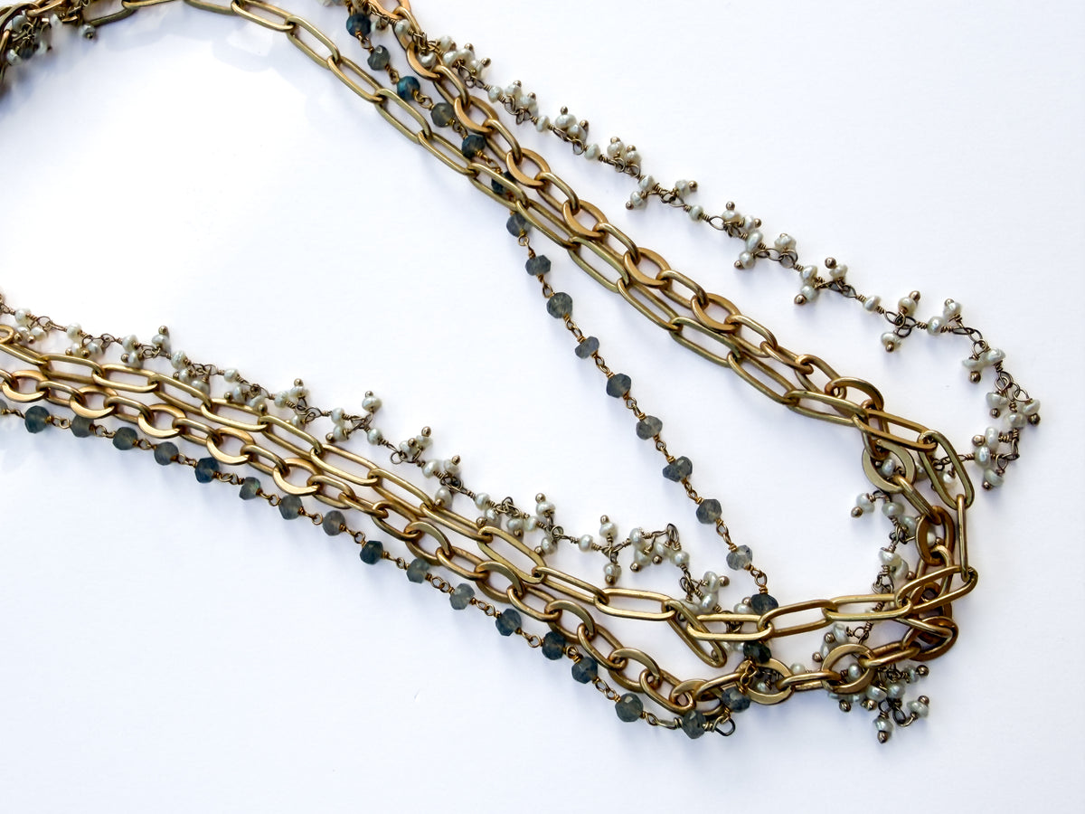 ROBIN HALEY | 14KY Gold Plated 4-Chain Paperclip Necklace, with Labradorite & Pearl, 18" length