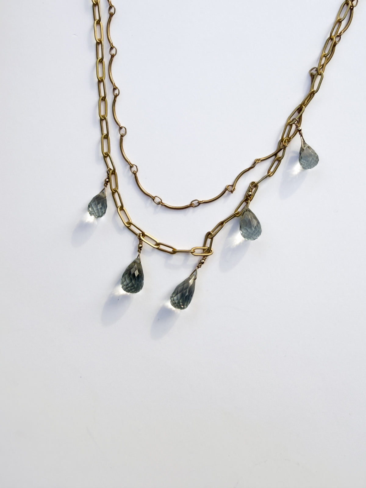 ROBIN HALEY | 14KY Gold Plated Double 18" Chain Necklace with 5 Green Amethyst Gemstones