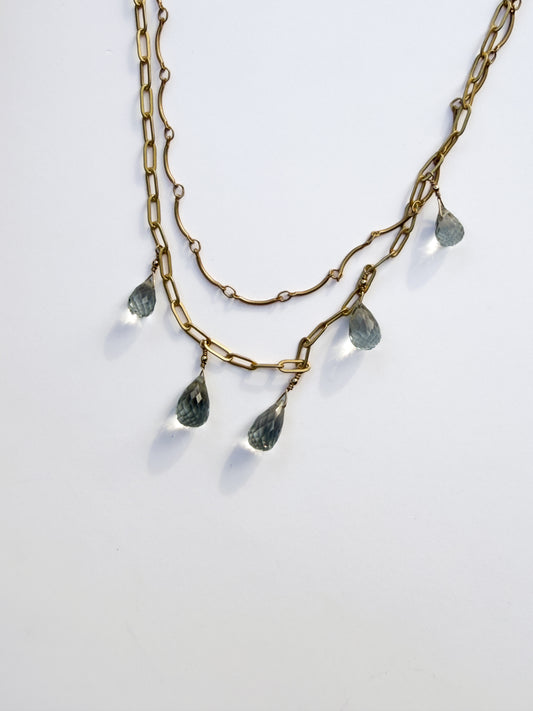 ROBIN HALEY | 14KY Gold Plated Double 18" Chain Necklace with 5 Green Amethyst Gemstones
