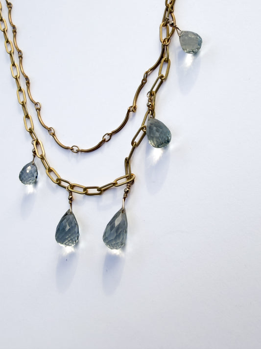 ROBIN HALEY | 14KY Gold Plated Double 18" Chain Necklace with 5 Green Amethyst Gemstones