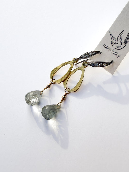 ROBIN HALEY | 14KY Gold Plate Hammered Teardrop with Green Amethyst Drops and Sterling Gemstone Earwire