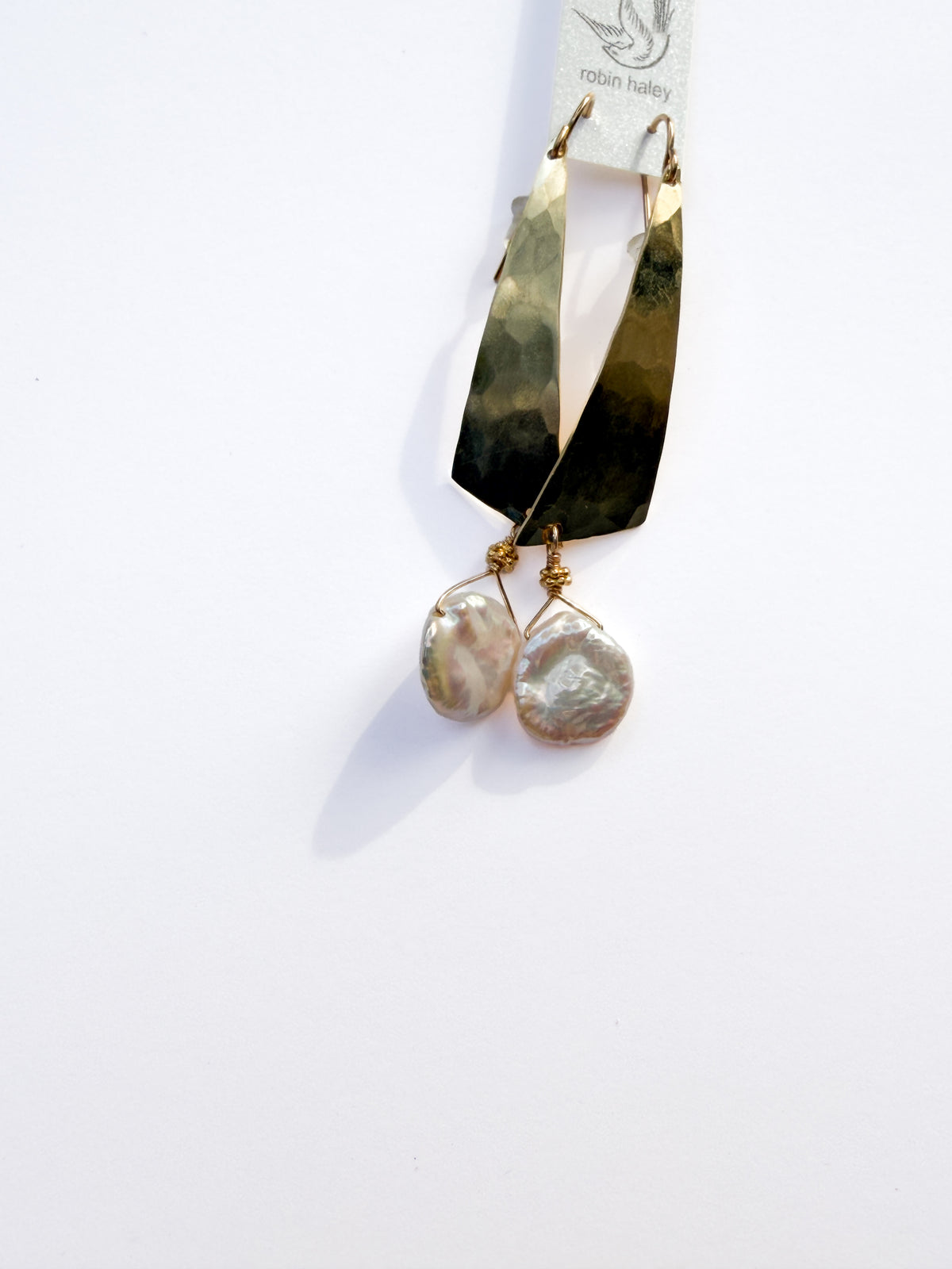 ROBIN HALEY | 14KY Gold Plate Hammered Earrings with White Freshwater Pearl