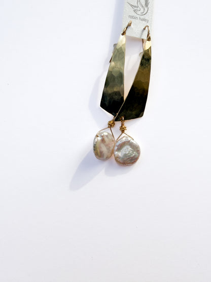 ROBIN HALEY | 14KY Gold Plate Hammered Earrings with White Freshwater Pearl