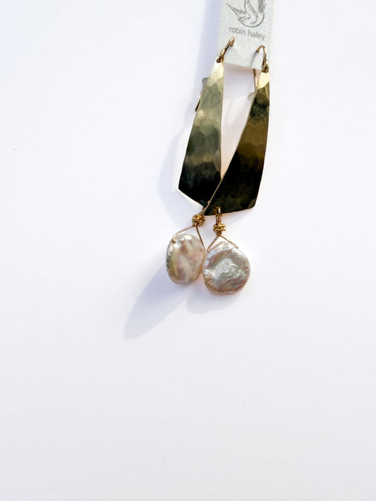 ROBIN HALEY | 14KY Gold Plate Hammered Earrings with White Freshwater Pearl