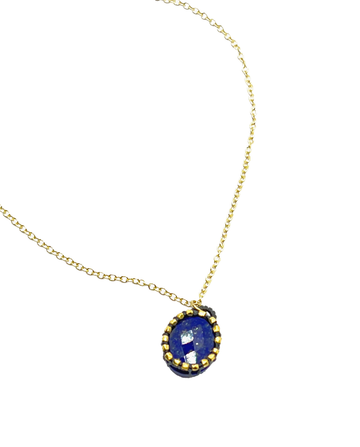 DANIELLE WELMOND | Caged Lapis Oval w/ Navy Cord, 14K Gold Vermeil Beads on 14K Gold Vermeil Chain Necklace