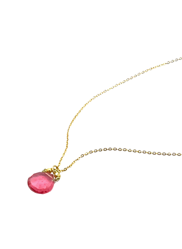 DANIELLE WELMOND | Woven Gold Cord w/ Gold Pyrite Beads and Pink Quartz Drop on Gold Filled Chain