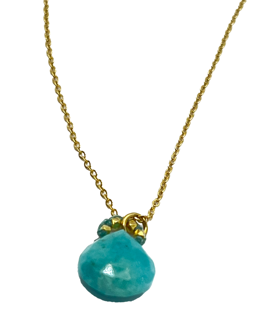 Danielle Welmond | Woven Blue Cord w/ Gold Vermeil Beads and Amazonite Drop on Gold Filled Chain