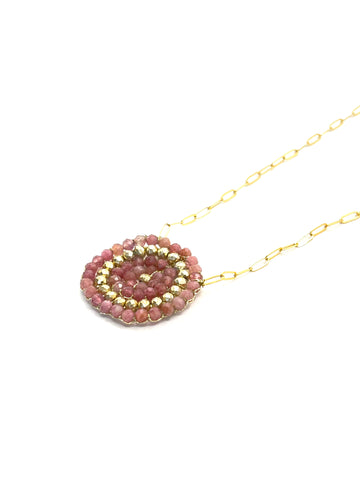 Danielle Welmond | Woven Gold Chord w/ Pink Tourmaline and Gold Pyrite on Gold Filled Chain