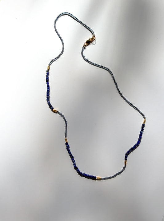 DEBBIE FISHER | Necklace of Grey Seed, Gold Vermeil, and Lapis Beads