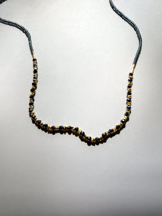 DEBBIE FISHER | Necklace of Grey Seed, Gold Vermeil and Mystic Sapphire Beads