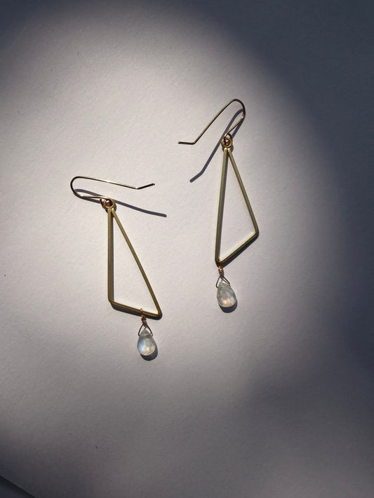 JADEWATER DESIGN | Gold Vermeil Trapezoid w Rainbow Moonstone Teardrop Earrings