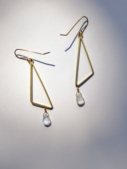 JADEWATER DESIGN | Gold Vermeil Trapezoid w Rainbow Moonstone Teardrop Earrings