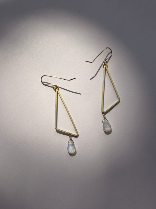 JADEWATER DESIGN | Gold Vermeil Trapezoid w Rainbow Moonstone Teardrop Earrings
