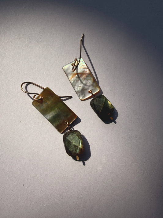 JADEWATER DESIGN | Iridescent Shell Rectangles w Labradorite Drop Earrings