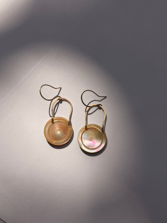 JADEWATER DESIGN | Gold Filled Horse Shoe Hangers w Large Iridescent Discs Earrings