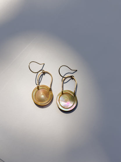 JADEWATER DESIGN | Gold Filled Horse Shoe Hangers w Large Iridescent Discs Earrings